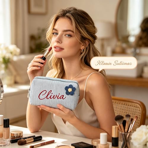 KEQHAULI Personalized Seersucker Makeup Bag – Custom Embroidered Name Cosmetic Bag, Monogram Toiletry Pouch for Women, Bridesmaid Bridal Proposal Gift, Travel Organizer for Girls, Mom, Best Friend — view 5