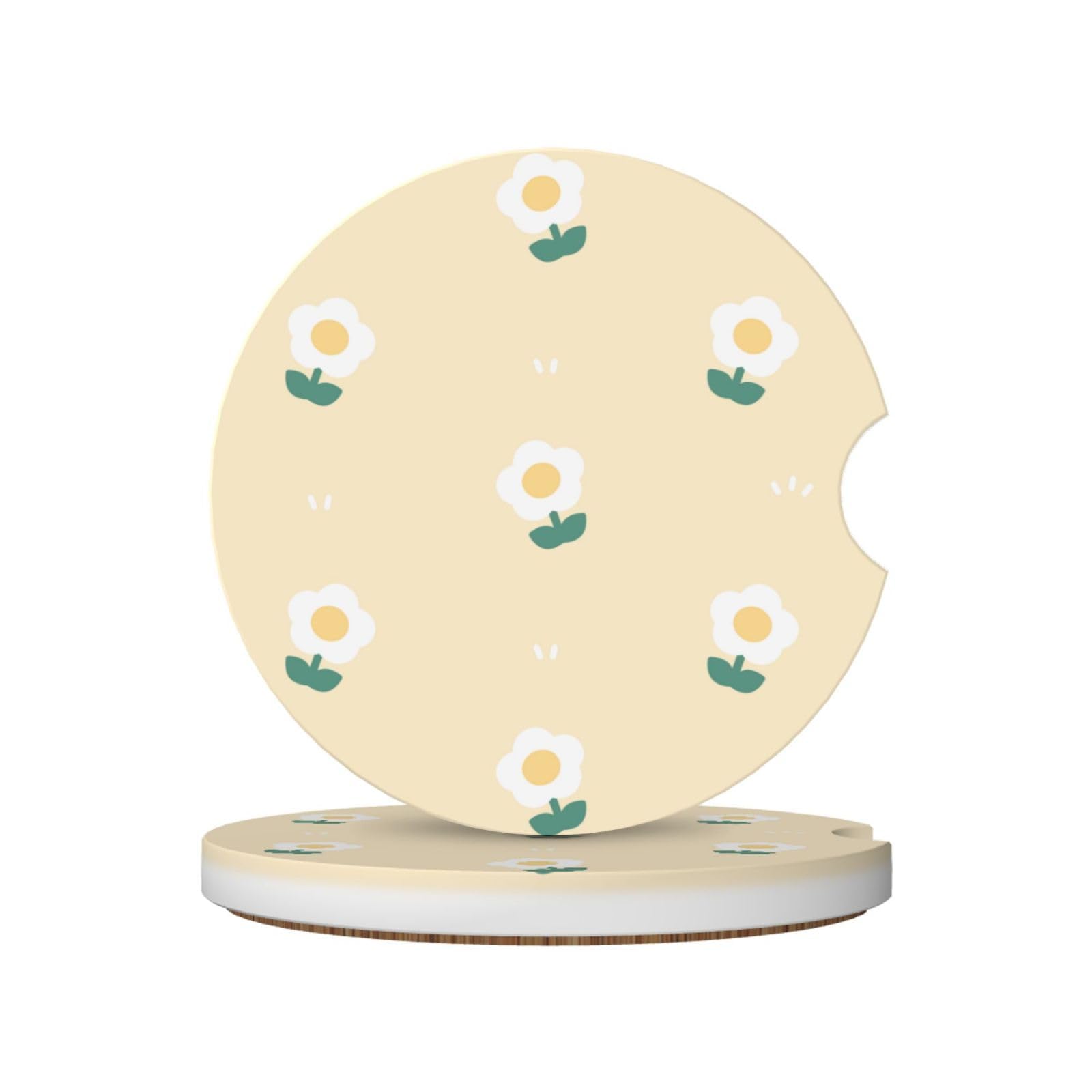 Cute White Flower Car Coasters for Cup Holders,2 Pack Car Cup Holder Coasters for Car,Ceramic Absorbent Car Coaster with A Finger Notch and Cork Base,