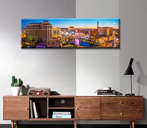 Image of Las Vegas Skyline Wall Art Cityscape Canvas Prints City Modern Building Posters Bellagio Fountain Skyscraper Night View Panoramic Pictures for Home Office Living Room Decor Framed 13.8 inchx45.3 inch