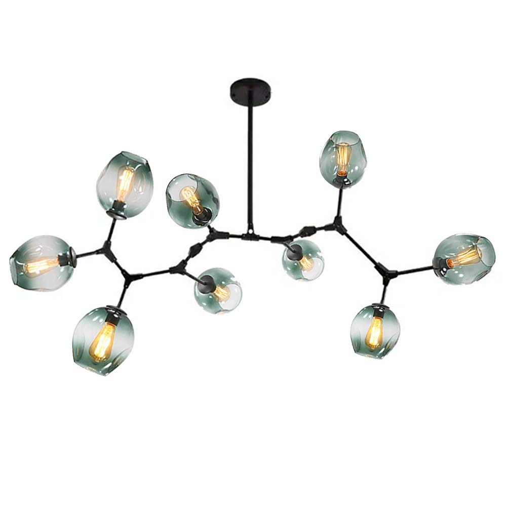 CSXSXAUO Adjustable Nordic Glass Ball Chandelier - 9-Light Matte Black Pendant Light with Hand-Blown & Metal Branches for Mid-Century Globe Lighting, E26 Base