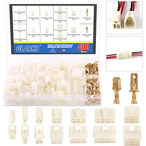 Glarks 400Pcs 6.3mm 1 2 3 4 6 8 9 Pin Electrical Automotive Wire Connector Male Female Socket Plug and Pin Header Crimp Wire Terminals Kit for Motorcycle, Bike, Car, Boats Cover