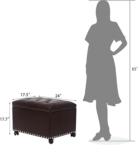 Miniatura 57 de Taburete otomano rectangular de cuero de 24 pulgadas con ribete de cabeza de clavo, cofres de juguetes y organizador de almacenamiento para Negro