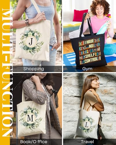 Image of AUSVKAI Canvas Tote Bag for Women, Cute Aesthetic Leaf Initial Trendy Cotton Reusable Personalized Birthday Bags