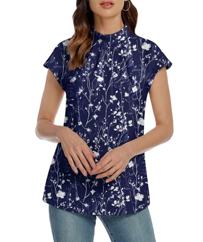 Image of Funlingo Womens Summer Tops Mock Neck Short Cap Sleeve Blouses Business Casual Work Chiffon Shirts Front Pleated Tunic Top