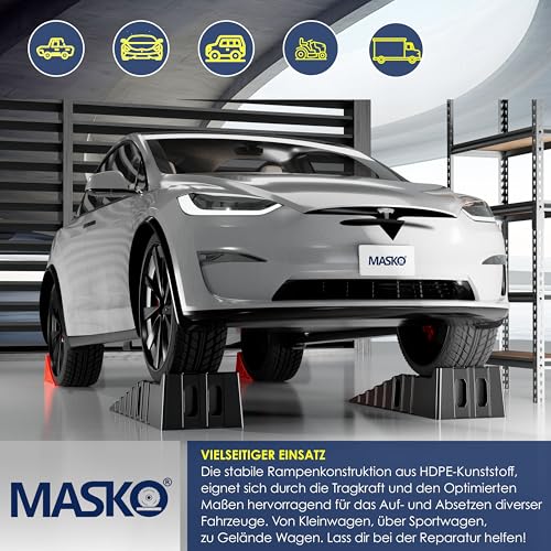 MASKO® Auffahrrampe 2er Set | Auffahrkeile bis 10T Traglast | KFZ-Rampe mit Überfahrschutz | Verladerampe rutschfest, robust und extra breit | Garagenrampen Autorampe Ölwechsel und Reparatur