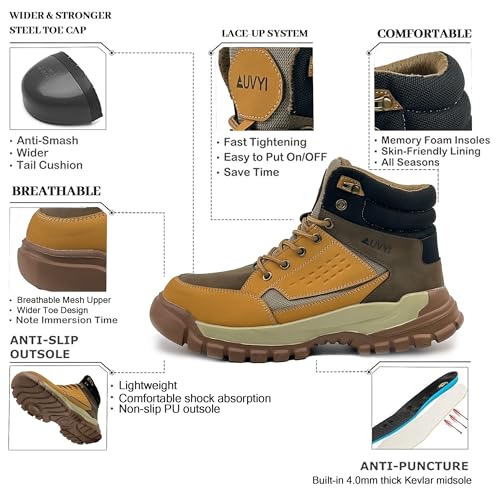 Steel Toe Work Boots for Men - Safety Wide Toe Boots Comfortable Slip Resistant Work Shoes Puncture Proof Footwear for Construction, Outdoor&Industrial2
