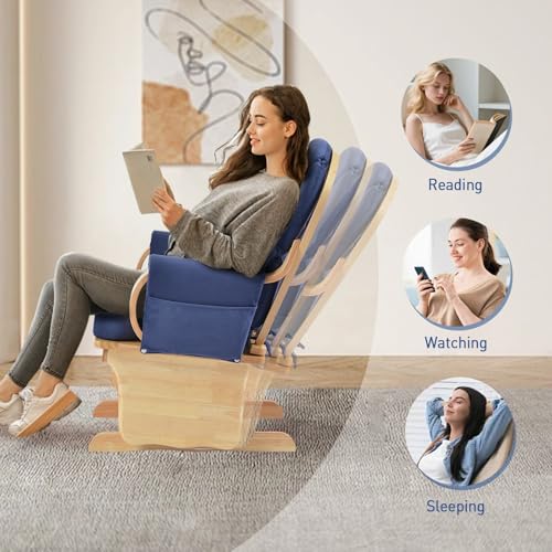 Image of Wooden Base Sliding Rocking Chair, Solid Wood Rocking Chair with Wooden Base Sliding Mechanism, Comfortable Feeding Chair Suitable for Nursery /Living Room /Bedroom (Natural Wood Blue)