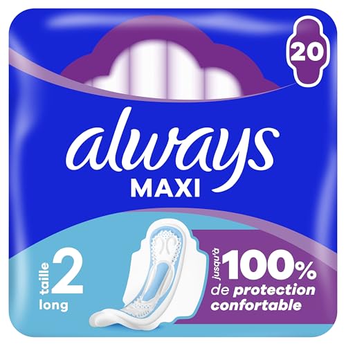 Always Maxi Serviettes Hygiéniques, Taille 2, Long, 20 Serviettes Avec Ailettes, Flux Très...