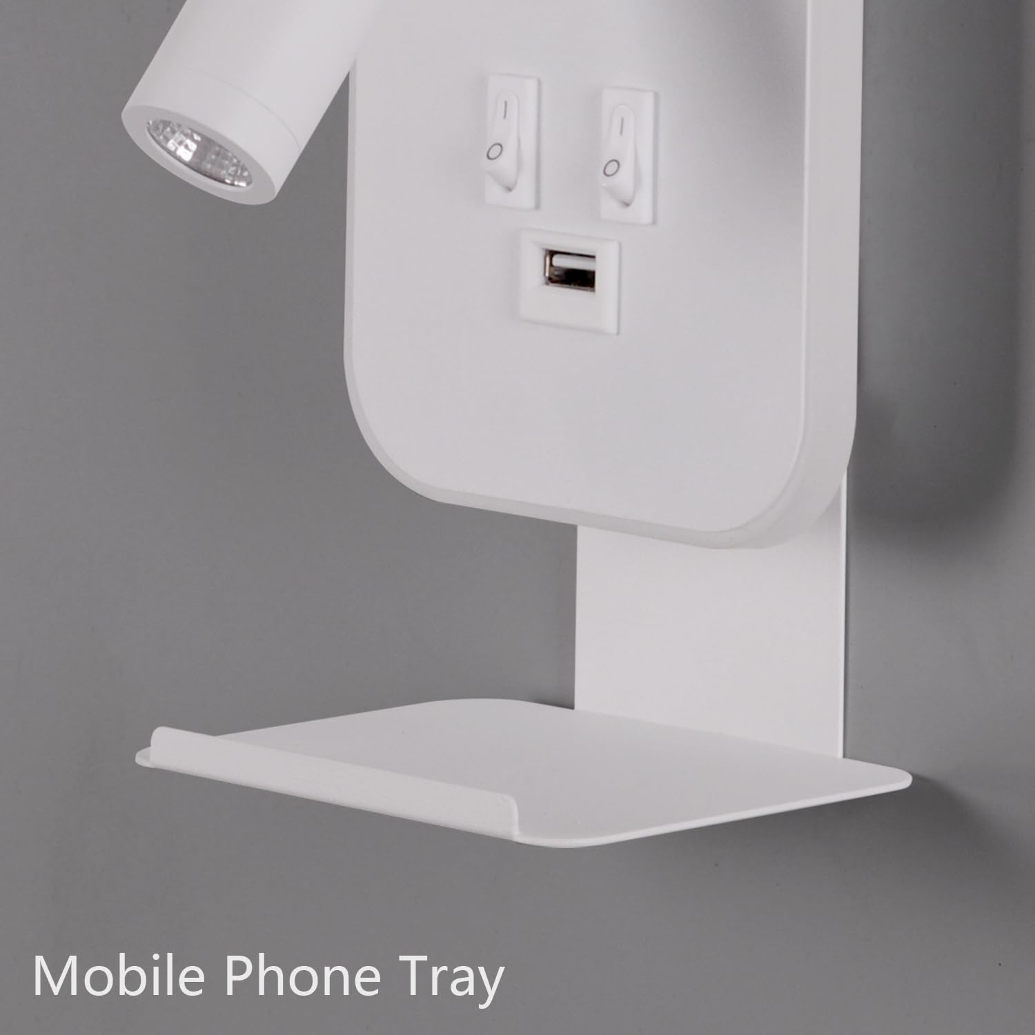 Lampada da Parete a LED, Lampada da Lettura da Comodino, Con porta di ricarica USB e vassoio per telefono, Faretto Regolabile con Luce Ambientale per Camera da Letto (3W 3100K+9W 6000K) Bianco
