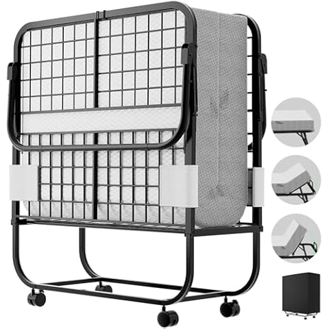 Hyomdeck Folding Bed with Mattress for Adults, Portable Folding Bed with Adjustable Backrest, Cot Size Rollaway Bed with Memory Foam Mattress and Metal Frame on Wheels, Guest Bed, 75‘’ x 31‘’,Black Cover