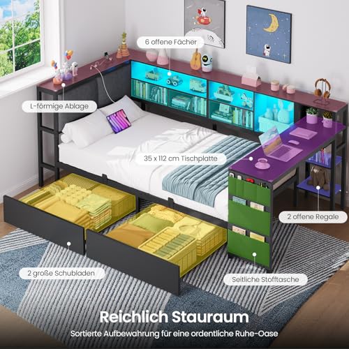 Brinlawb Schlafsofa mit LED-Beleuchtung und Ladestation, Jugendbett 90x190 cm mit einem 35x112cm Tisch und zwei großen Schubladen, Bett 90x190 Tagesbett mit polsterter Rückenlehne am Kopfteil, Schwarz