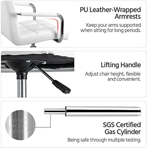 Yaheetech Adjustable Home Office Chair Leather Computer Desk Chair Mid Back Task Chair with Arms and Wheels for Study or Work White