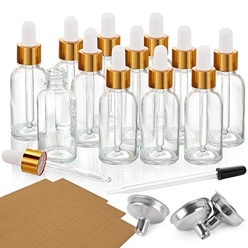 12 Pcs, 1 oz Dropper Bottles (30ml) with 3 Funnels & 1 Long Dropper - Clear Glass Bottles for Essential Oils with Eye Droppers - Tincture Bottles, Leak Proof Travel Bottles for Liquids, Golden Cap