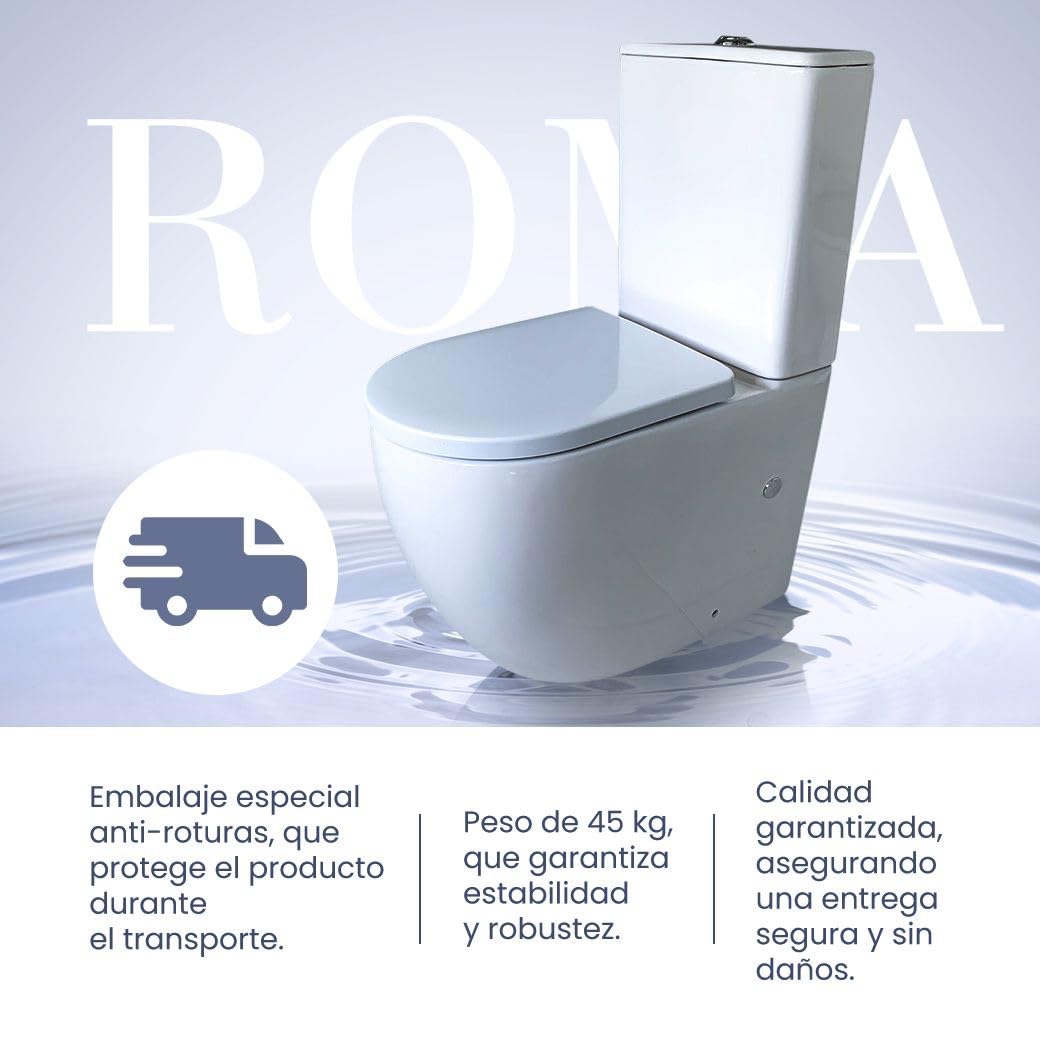 Inodoro Completo Moderno, Inodoro Blanco, Retrete para Hogar, Sistema Rimless Antibacterias, Tapa Dura Extrafina Amortiguada Salida Dual, Material UF Resistente