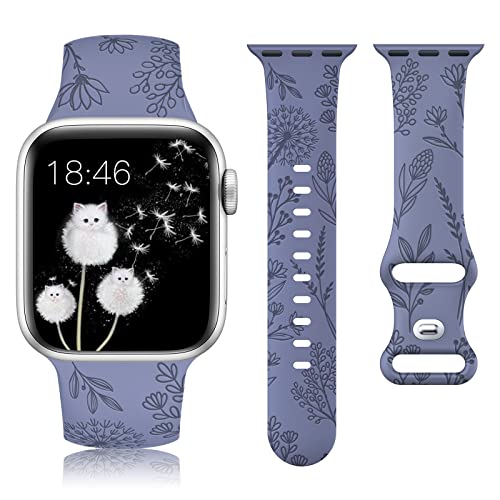 Image of Minyee Floral Engraved Band Compatible with Apple Watch 41mm 40mm 38mm 42mm 44mm 45mm 46mm 49mm Women, Cute Soft Silicone Flower Sport Fancy Strap for iWatch Series 11 10 9 8 7 6 5 4 SE /Ultra 3 2 1