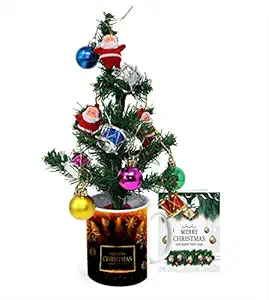 Khakee Merry Christmas Theme Mug & Xmas Tree with 10 pcs Ornaments & Xmas Card Combo Set - Xmas Decoration Gift Set (c722A)