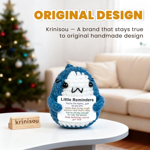 Krinisou Positive Animals Crochet Shark Gift – Emotional Comfort Shark Plush with Support Message, Self Care and Mental Health Gift, Uplifting Thinking of You Gifts for Women Men