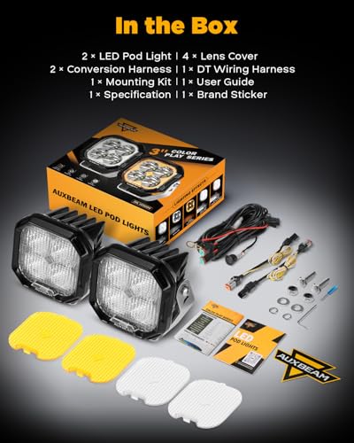 Image of Auxbeam Color Play Series DRL & Turn Signal 3-Inch Offroad Lights 2-Pack | 11600LM 100W, Dual Color Amber White, Light Covers, Wide Reflective Cup, TIR Optics, 3x3 Cube Pods, A-Pillar Ditch Lights