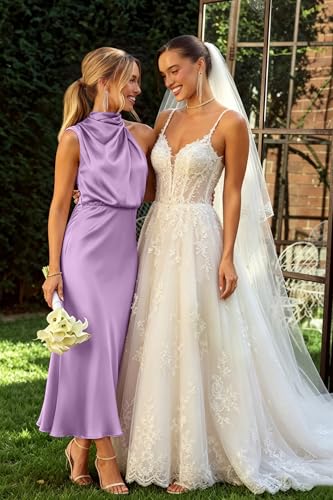 Image of Women's Satin Maxi Dress Summer Formal Wedding Guest Cocktail Dress | Mock Neck Sleeveless,Elegant Silk Midi Long Dress,High Neck,Halter,Aline,Bridesmaid,Bridal Shower Guest,Garden Party,Dinner