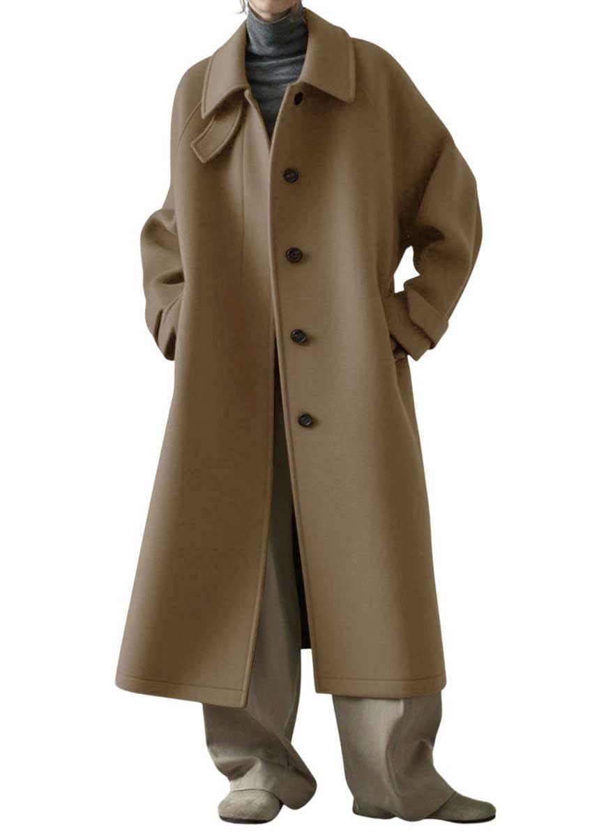 chouyatou Womens Business Casual Winter Wool Coat Single Breasted Long Sleeve Midi Long Trench Coat Peacoat