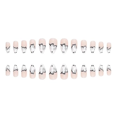 Miniatura 43 de Uñas postizas a presión de Halloween, cuadradas, medianas, francesas, color negro, degradado, cobertura completa, calavera, corazón rosa, con Uñas