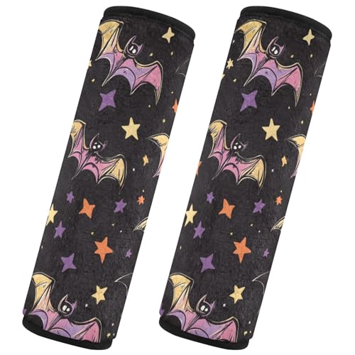 Image of Multicolored Halloween Bats and Stars Seat Belt Cover Pad 2 Pcs Soft Cute Seatbelt Covers Protector Support Head Neck Shoulder Strap for Car Seats High Chair Backpack for Adults Kids Women Men