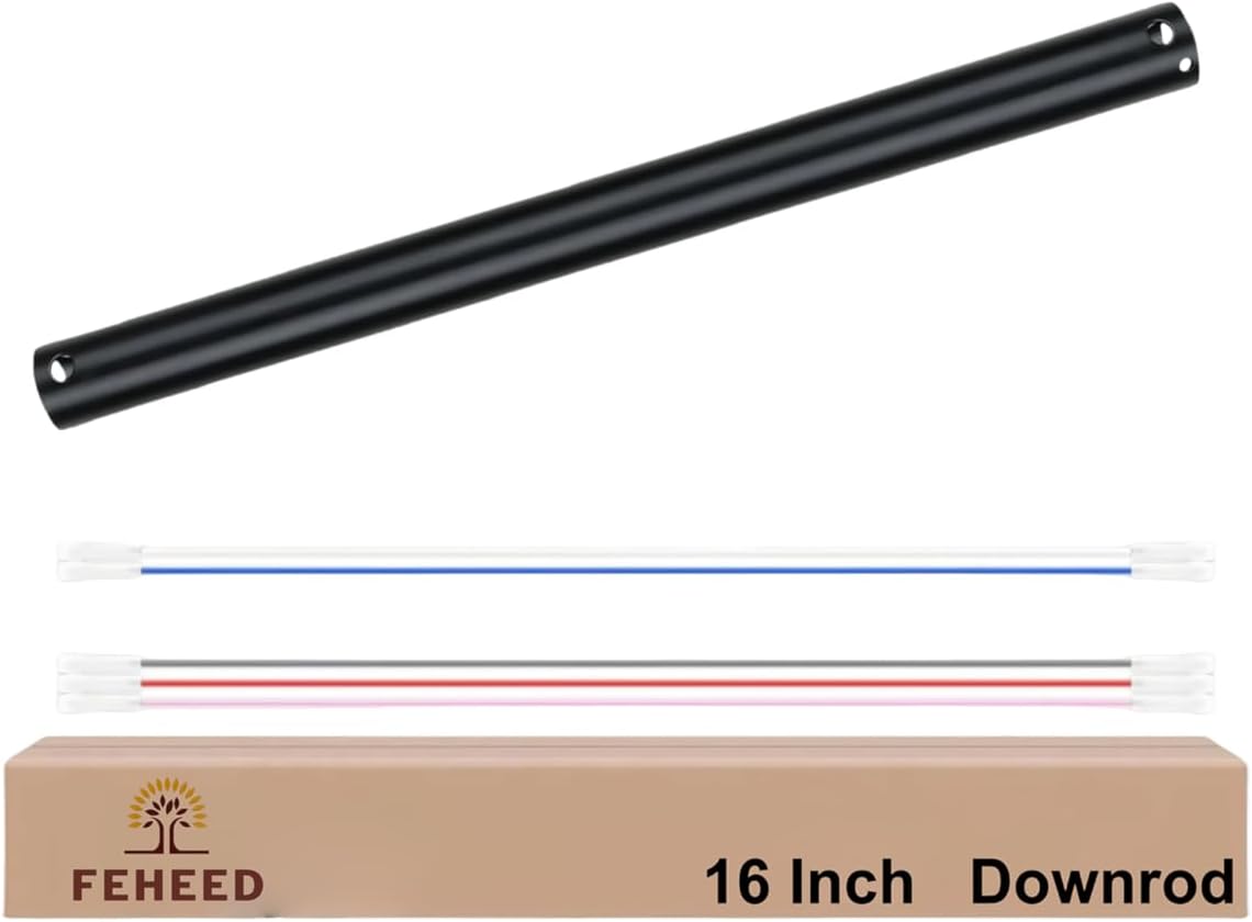 16 Inch Ceiling Fan Downrod, 1" Diameter Matte Black Ceiling Fan Extension Rod (No Threads) with 5 x 18-AWG Wires,Universal Down Rods for Ceiling Fans,Easy Installation 16 Inch Black