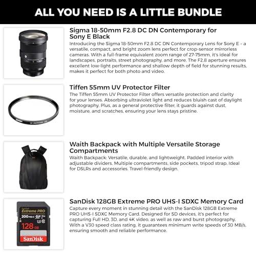 Sigma 18-50mm F2.8 DC DN Contemporary Lens for Sony E-Mount with Tiffen 55mm UV Protector Filter, SanDisk 128GB Extreme PRO UHS-I SDXC Memory Card and Waith Camera Backpack (Bundle Set)