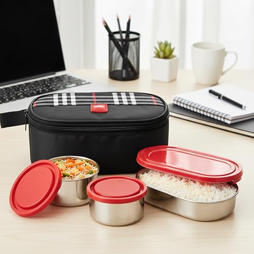 Image of CELLO MF Trent Plus Lunch Box with Bag for Office, Red | 300ml x 2 Steel Containers, 500ml Oval Plastic Containers, Leak Proof Airtight Snap Lock Lid Tiffin Box Set for School Kids, College & Travel
