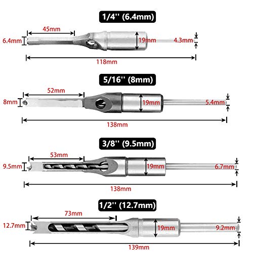 Saiper 4pcs Square Hole Drill Bits Mortising Chisel Set Woodworking Mortise Chisel Square Drill Bit Set (1/4" 5/16" 3/8" 1/2") - Thumbnail 6
