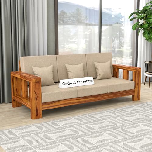 Image of Sheesham Wooden Sofa Set 3 Seater - Premium Wooden 3 Seater Sofa for Living Room with Comfortable Cushion - Solid Wood Sofa for Home & Office Furniture (Honey, Haney 3 Seater)