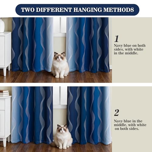 Image of MYSKY HOME Navy Blue and Greyish White 95% Blackout Ombre Curtains 90 inch Long 2 Panels for Bedroom Living Room Thermal Insulated Energy Saving Wave Line Foil Print Grommet Drapes, 52 inch W Each Panel