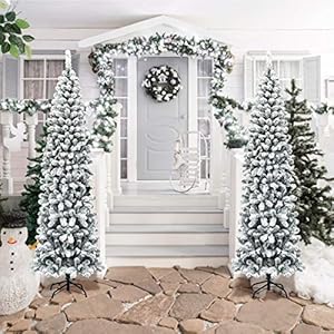 COSTWAY 7.5Ft Snow Flocked Artificial Pencil Christmas Tree, Unlit Hinged Pine Tree w/ 641 Branch Tips, Artificial Xmas Tree for Home, Office, Party Decoration COSTWAY 75Ft Snow Flocked Artificial Pencil Christmas Tree Unlit Hinged Pine Tree w 641 Branch Tips Artificial Xmas Tree for Home Office Party Decoration