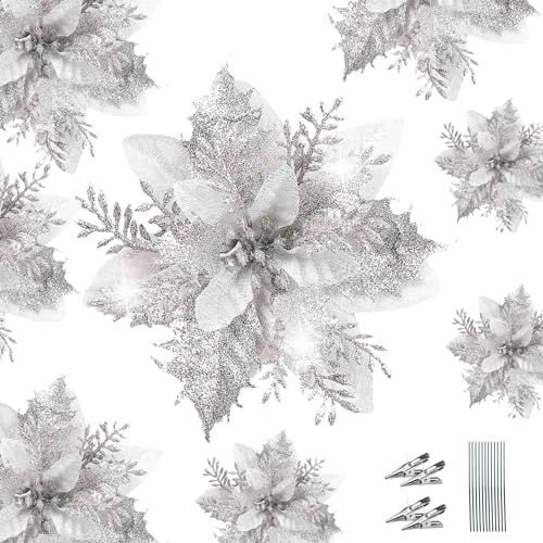 WUBAYI Lot de 12 fleurs artificielles de poinsettia à paillettes pour sapin de Noël avec 12 tiges et clips, décoration de sapin de Noël pour mariage,...