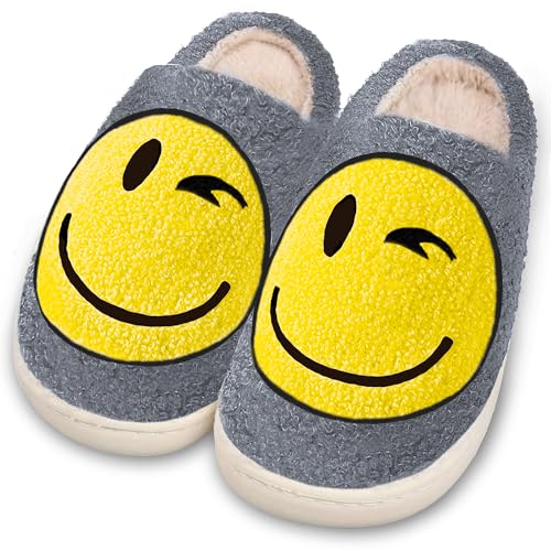 Image of Smile Face Slippers for Women and Men, Retro Comfy Warm Soft Fuzzy Plush Slip-On House Shoes Funny Cute Happy Smile Home Winter Warmies Pillow Cloud Memory Foam Fluffy Slipper for Indoor & Outdoor