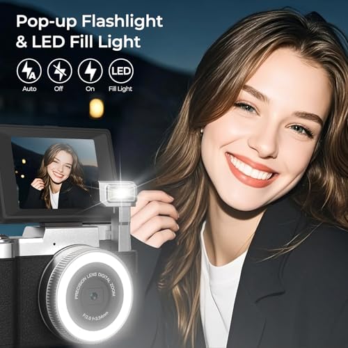4K Digital Camera for Photography 64MP Vlogging Camera for YouTube with Flip Screen Point and Shoot Camera for Teens with Built-in LED Selfie Light Compact Camera for Beginners with Batteries