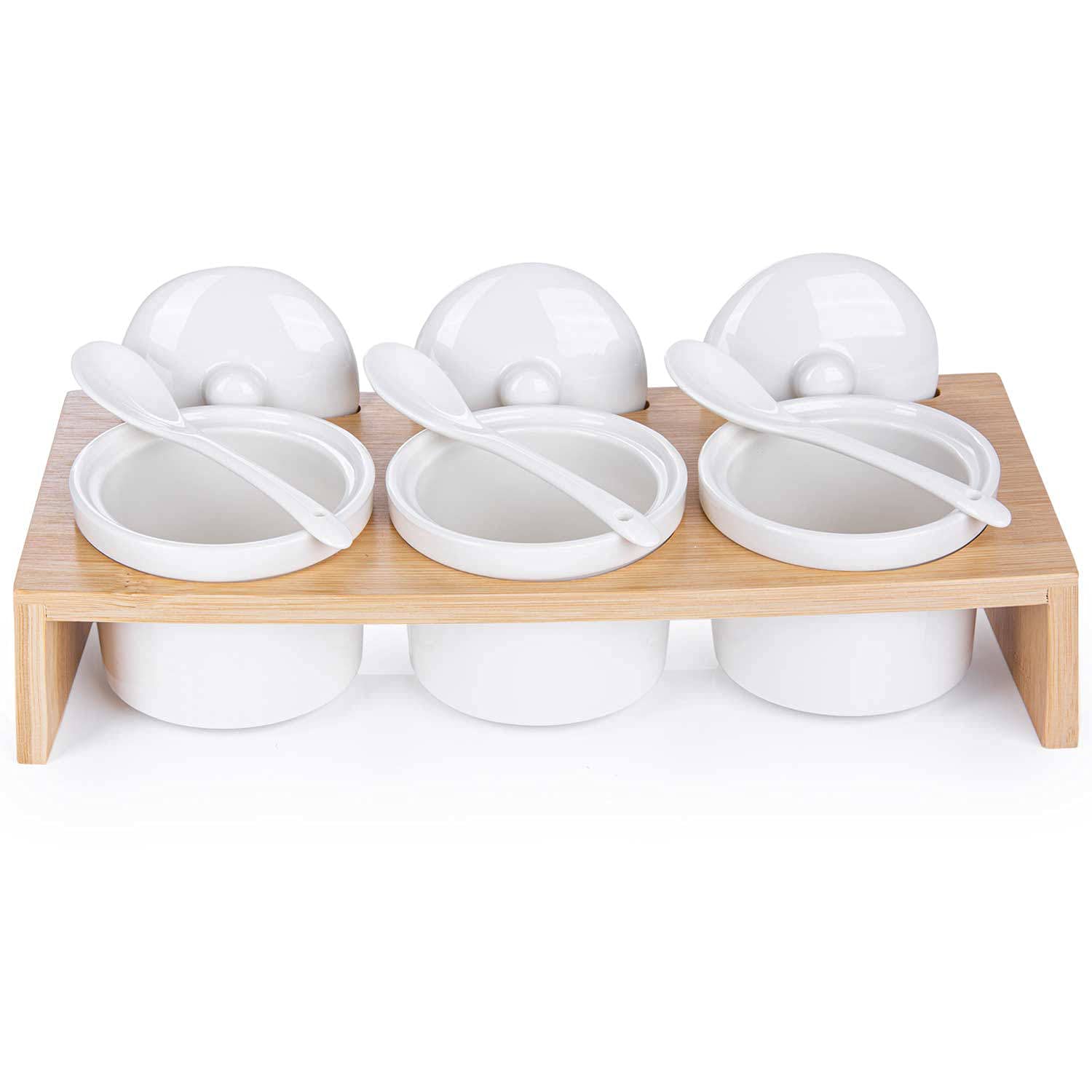 GOODS+GADGETS Servierschalen Set aus Porzellan-Schalen mit Löffeln und Deckeln; 3 Schälchen im Servier-Tablett & Servierbrett-chen als Gewürzbehälter für Snacks, Öle, Salz, Gewürze, Chili & Dressing