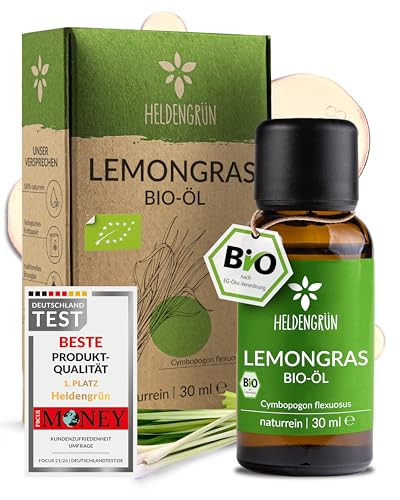 Heldengrün BIO Lemongras Öl [100% NATURREIN] Erfrischend & Anregend - Echtes Zitronengrasöl - Duftöl Lemongras - Ätherische Öle für Aromatherapie