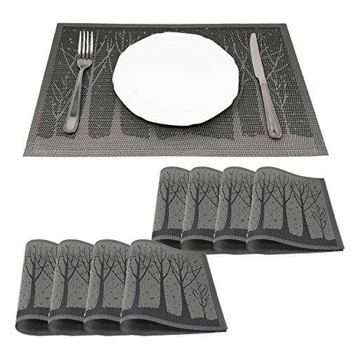 Allgala 8-Pack Dining Table PVC Placemat Set - Protect Table from Heat Stain Scratch and Anti-Skid-Style Silver Trees-HD80201