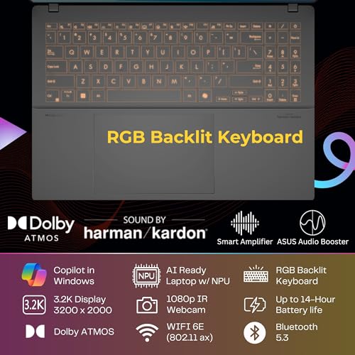 Image of ASUS Vivobook S16 AI Ready Laptop, 16 inch 120Hz 3.2K OLED Display, AMD Ryzen AI 9 365(>i9-13900H, 5GHz), Copilot+PC, RGB Backlit Keyboard, Dolby, Silver, Windows 11 Pro(32GB 7500MHz DDR5 RAM | 1TB SSD)
