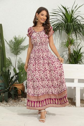 Image of Women's Boho Floral Maxi Dress, Short Sleeve Smocked Tiered Summer Casual Beach Dress