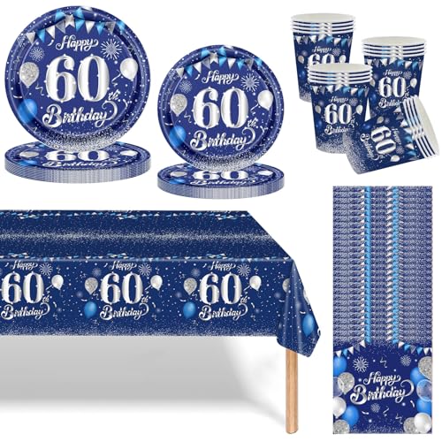 Set di stoviglie per feste di compleanno 60 anni, 69 pezzi, decorazione blu navy e argento per uomini e donne, piatti di carta, bicchieri, tovaglioli e tovaglia, decorazione da tavolo per feste di 60