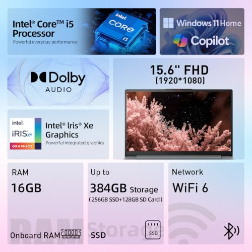 Image of Lenovo IdeaPad Slim 3i 15.6 inch Laptop, Intel Core i5 Processor, FHD Display | 16GB RAM, 384GB Storage (SSD+SD Card), 13th Gen Intel Core i5-1335U, Dolby Audio, Privacy Camera, Wi-Fi 6, Windows 11 Home