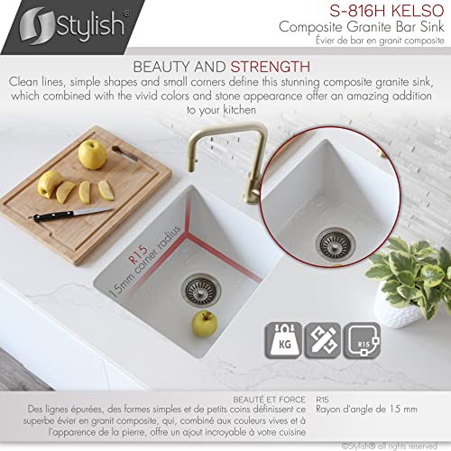 Image of Stylish 15.5 x 17.5 Inch Composite Granite Kitchen or Bar Sink, Single Bowl Under Mount & Drop in, 8.5 in Deep, Rear-Center Drain, with Strainer, White, S-816H
