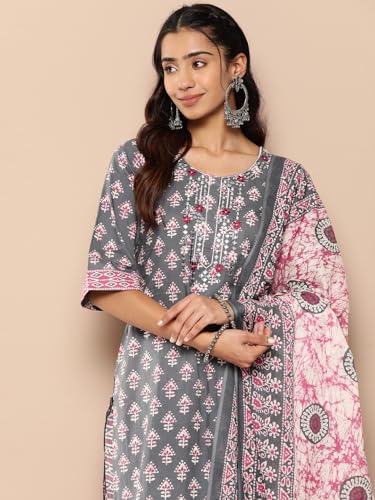 Image of Libas Yellow Yoke Design Cotton Straight Kurta with Trousers & Dupatta