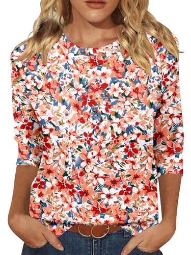 KISSMODA Tunic Tops for Women Loose Fit Dressy Round Neck Pleated 3/4 Length Sleeve Spring Tops