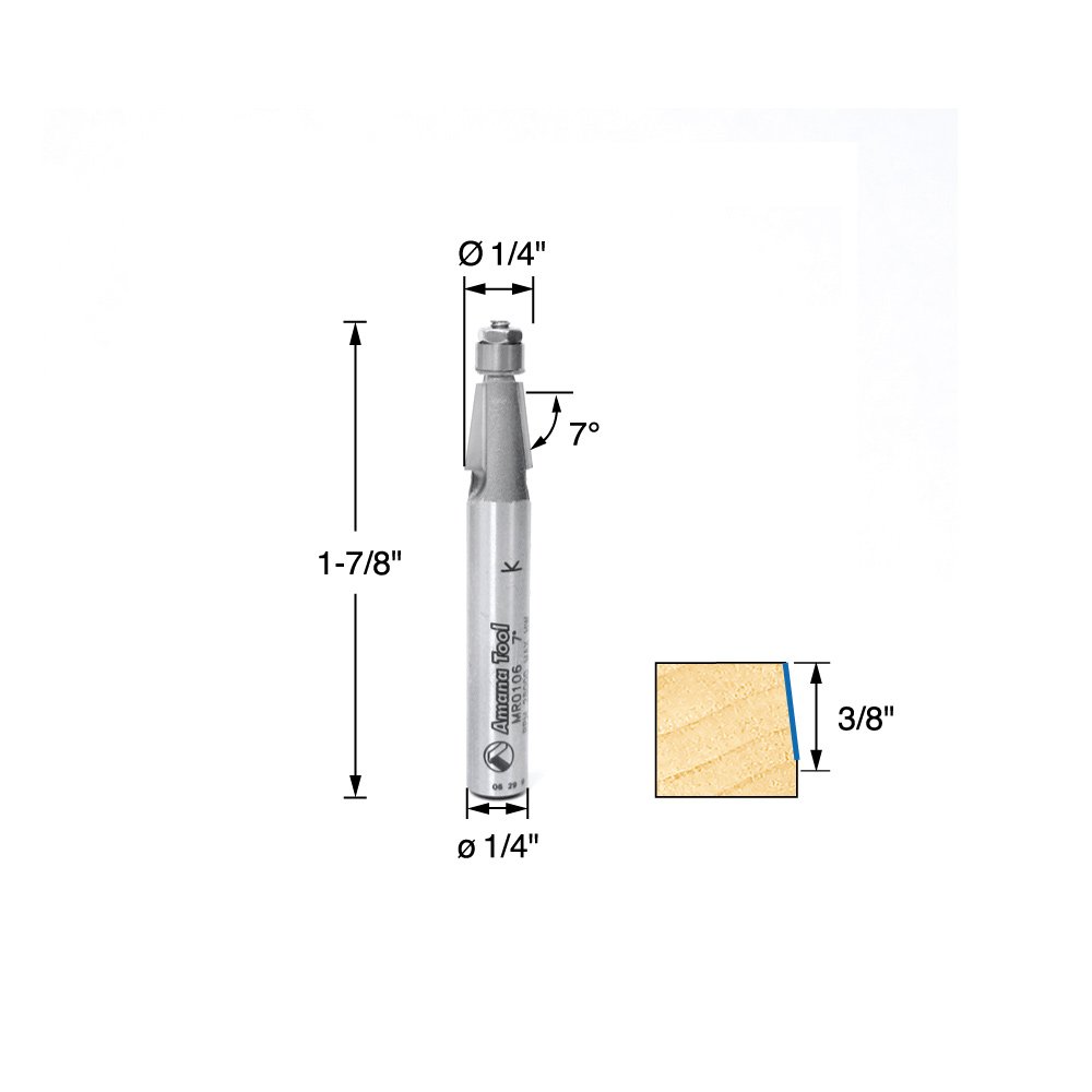 Amana Outil Mr0106 à chanfreiner à roulement à billes avec mini Guide 1/10,2 cm de diamètre, 7-degree Angle, hauteur de coupe 3/20,3 cm, 1/10,2 cm Tige carbure routeur Bit