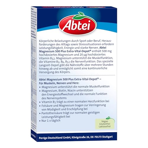 Abtei Magnesium 500 Plus Extra-Vital-Depot – hochdosierte Magnesiumtabletten – mit allen B-Vitaminen – für Muskeln, Nerven und Herz – vegan – 42 Tabletten