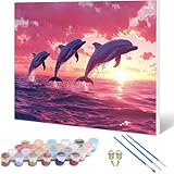 Delphin Malen Nach Zahlen Erwachsene, Malen Nach Zahlen Sonnenuntergang Paint by Numbers, Painting by Numbers DIY Set Erwachsene mit Pinsel und Acrylfarben Set, Deko Wohnzimmer 60 x 45 cm -hjw25010K4