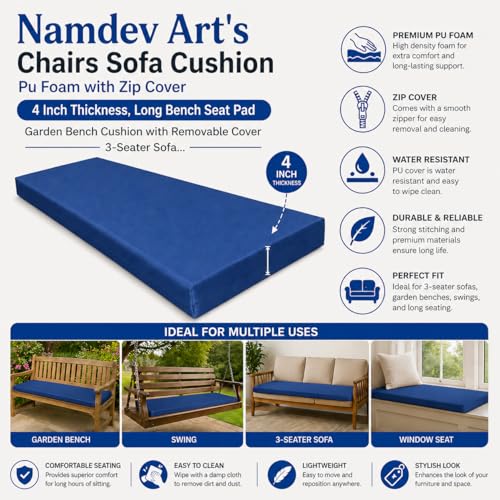 Image of Namdev Art's Chairs Sofa Cushion Pu Foam with Zip Cover 4 Inch Thickness, 3-Seater Sofa Foam Seat for Home (Blue, 60x18)